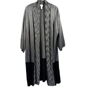Chicos Women's Sweater Open Cardigan Long Medium Black Gray Lightweight Knit 3/4